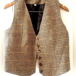 Tweed button down vest, beige, brown, black pattern. Size L, brand unknown